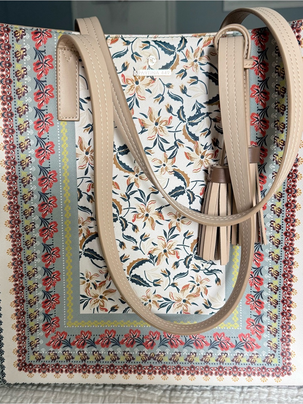 Spartina 449 Beige Floral Border Tote with Tassel